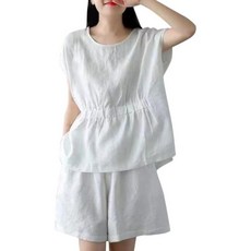 면과 린넨 여성 루즈 크루넥 탑 반바지 캐주얼 정장, White - 2024 Shorts for Women, Medium - 린넨여성정장