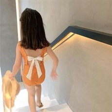 yimidushi 키 즈 일체 형 수영복 세트 2020 여름 용 러 블 리 비키니 삼각 2 종 오렌지 체크 100 cm, 상세페이지 참조