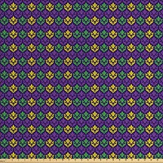 Ambesonne Mardi Gras Fabric by The Yard Antique Old Fashioned Motifs in Ma (1 Yard Purple Yellow), 1 Yard, Purple Yellow