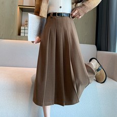 여성용 A라인 롱 스커트 하이웨스트 슬림핏 모직 주름치마 Women's skirt