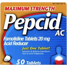 하루 종일 속쓰림 예방 및 완화를위한 20mg Famotidine 함유 Pepcid AC 최대 강도 50ct., 1