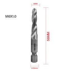 핸드탭 드릴 비트 나사탭 탭 세트 육각 섕크 티타늄 도금 HSS 나사 스레드 기계 복합 M3 M4 M5 M6 M8 M10 수공구 1개 6개 451524, M6X1.0 Silver