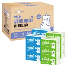 엑소 큐트베어 천연펄프 미용티슈 각티슈 250매 24개 화장지 휴지, 250매입