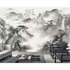 중국어 벽지 벽화 잉크 환영 소나무 산 물 폭포 홈 개선 TV 배경 벽 벽화 3d 벽지|벽지|, 1개, 단일