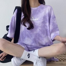 여성 나염 레터링 루즈핏 반팔 반바지 트레이닝복 상하의 세트 라운드 타이다이 운동복 꾸안꾸