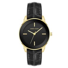 Anne Klein 여성용 악어 그레인 패턴 인조 가죽 스트랩 시계 블랙/골드. 일본어