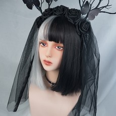 해외 화이트 블랙 반반 투톤 단발머리 가발 코스프레가발 COS-10108, 단일옵션, 옵션01