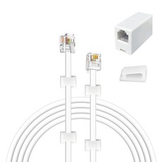 YOLISTIC 4.9m(16피트) 전화 케이블(RJ11 6P4C 플러그) 2.5cm(1인치) 라인 커플러(더블 RJ11 6P4C 암) 및 케이블 클립 10개 포함 화이트, 16 Feet Set