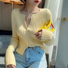마쿠쿠 라운드 긴팔 크롭 슬림 여성 골지 니트 가디건