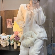 야오야오 여성용 리본 레이스 밴딩 극세사 수면잠옷 상하의 세트