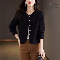 POMTOR 여성 가을 겨울 숏 라운드넥 트위드 자켓