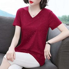 여름 반짝이 반팔 티셔츠 브이넥 순면 루즈핏 빅사이즈 상의 중년여성 엄마 M~5XL 40-60대 A21