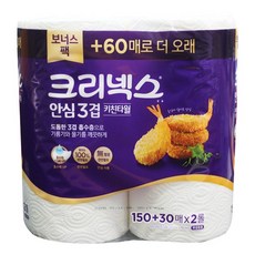 크리넥스 안심3겹 키친타월 150+30매 x 2롤 생활용품 > 화장지/물티슈 화장지/티슈 키친타올 롤키친타올, 2개입, 1개