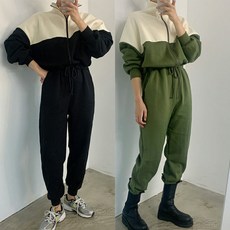 여자 가을 겨울 스트링 배색 쭈리 면 기모 점프슈트/카키 블랙
