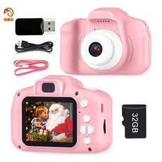 크리스마스 어린이 생일 선물 키즈 미니 디지털 카메라 +32GB SD카드, 핑크