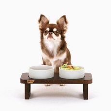 [퍼리굿] 강아지 고양이 밥그릇 고급 원목 도자기식기 세트 다크트레이 & 도자기식기, 그레이, 선택:그레이