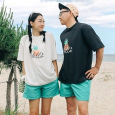 [비치팜] 파인애플 반팔 커플 래쉬가드 남여공용 빅사이즈 수영복 상의, 인디핑크_L, 블랙_XL
