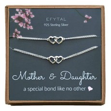 EFYTAL 엄마 선물 925 스털링 실버 더블 하트 목걸이 & 팔찌 세트 어머니 및 딸 엄마 목걸이 생일 선물