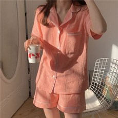 야오야오 여성용 요루면 반팔 카라 포켓 잠옷 세트