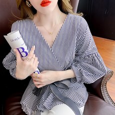 브이넥 초롱소매 화이트 셔츠 여 봄 조임 프릴 밑단 날씬해 보이는 상의