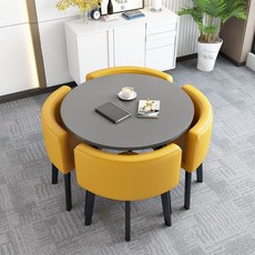 회의실 거실 책상 식탁 가구 소형 테이블 의자 세트 리셉션 원탁 4인 2인 용 원목 대리석, 회색 원형 테이블+노란색 가죽 의자4개