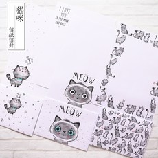 편지지 일식 심플 고양이선생 학생 로맨틱 연서 양식 편지봉투 블랙화이트 세트무료택배 주문제작가능, T06-5타입 10장 편지지 10개 편지봉투 믹스