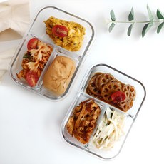 이고웰 3칸나눔 유리 밀폐용기 반찬통, 1세트, 사각 2개 2개, 1040ml 사각