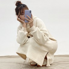 스토리원 여성 베이직 양털 후드 롱 원피스 WM-OP119