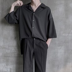남자루즈핏셔츠 드롭 비스코스 셔츠 남성반팔 여름시즌 얇은타입 인기있는루즈핏 5오부소매 유행 위시엔웨어가공 항주름 상의