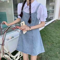 데님미니원피스 밍키비 100248C 데님원피스 블라우스 세트 미니원피스