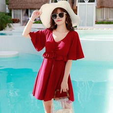 꼬망세 여성 체형커버 빅사이즈 원피스 수영복, 레드 와인, Free (체중 58~80kg)