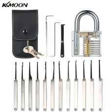 KKmoon 열쇠 수리공 전문가용 자물쇠 열쇠 따는 도구 15개와 투명 잠물쇠 세트, 1세트