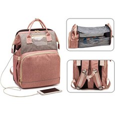 3 Pcs 기저귀 가방 배낭 휴대용 방수 내 여행용 요람 가방 아기 소년 소녀 접이식 여행 침대용 USB 포트, 분홍색