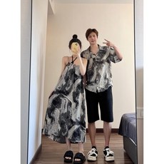 커플 비치웨어 바캉스룩 커플룩 여름 해변 바캉스 셔츠 나시 가식 투피스 여자 원피스
