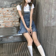데님 서스펜더 스커트 2021 새로운 여름 소녀의 달콤한 Pleated 스커트 Preppy 데님 드레스