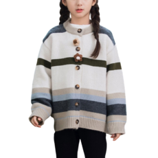 도오빠 렐러로잉 여아 가디건 베이지 스트라이프 패턴 라운드넥 스웨터 줄무늬 니트 키즈 주니어 가을 아우터 ~160