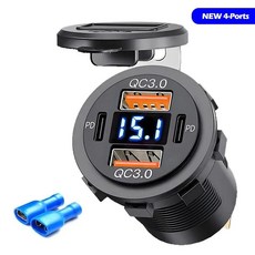 차량용 고속 충전 3.0 전원 콘센트 전압계 스위치 포함 96W 듀얼 PD3.0 듀얼 QC3.0 12V 24V 오토바이 트럭, 11 Blue-4Ports-B