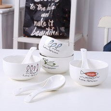 고양이세라믹 디너 플레이트 디너 아침 식사, 4 그릇 4 숟가락