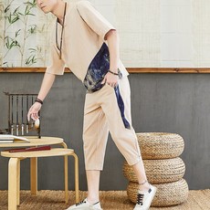 DIPYLON 남성 반팔 린넨 생활한복 리넨 세트 남 여름 면 마 티셔츠 v넥 중국풍 남성복