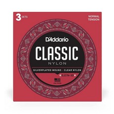 D'Addario 기타 스트링 - 클래식 나일론 기타 스트링 - EJ27N 클래식 기타 스트링 - 실버 도금 랩 나일론 코어 투명 학생 나일론 트레블 - 일반 텐션 3팩, 3-Pack, 일반 장력