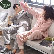 채은마켓 커플잠옷세트 커플파자마세트 여성 가을 타입 플란넬 두꺼운 기모 융 빅사이즈 심플 보온 실내복 홈웨어