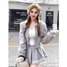미국의 뜨거운 여자 대학 스타일 정장 여성 가을 겨울 운동복 재킷 후드 탑 순수 욕망 주름 치마 3 피스 세트