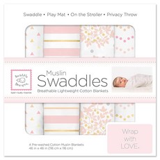 스와들디자인 SwaddleDesigns 면 모슬린 포대기 담요 4개 세트 남아 및 여아용 속싸개 최고의 샤워 선물 116.8 x 116.8cm(46 46인치) 핑크 플로럴 - 속싸개