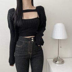 VANANA2 여성 섹시글램 여리핏 보장 단추 사선 벌룬 볼레로 가디건 탑 끈나시 니트 세트