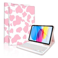  USA배송 TopPerfekt 아이패드 10세대 10인치2022 케이스 블루투스 키보드 포함분리형 충전식 자석 부착 자동 최대 절전 모드웨이크 강화 필름 2개가 있는 펜슬 홀더 블, 백라이트 카우 핑크 