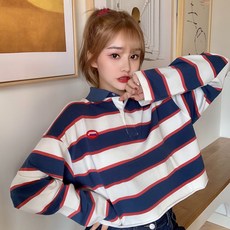 여성 가을 크롭 스트라이프 캐주얼 카라 폴로 럭비 티셔츠 나들이 외출 데이트 캠핑 패션 룩 코디