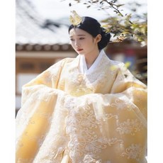 개량 한복 여성용 한국 전통 코스튬 궁전 우아한 모던 패션 럭셔리 드레스 파티 무대 사진 노란색