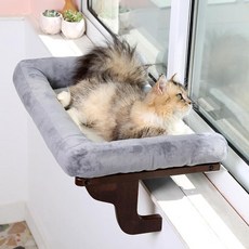 Zakkart 볼스터가 있는 창틀용 고양이 횃대 - 프리미엄 견목 및 견고한 금속 프레임이 정형외과 해먹 디자인 대형 고양이와 새끼 고양이를 위한 창문 시트 회색 침대가 나추럴 컬, 2) 다크 스테인드 우드와 그레이 베드, 1개