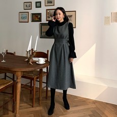 달리샵 헤링본 버튼 옆벨트 롱 원피스