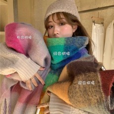 격자 체크 두툼 박시한 모헤어 니트 목도리 숄 롱 머플러